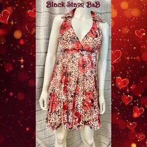 Cream & Red poppy floral print pleated halter top mini dress by Yank. Sz 4